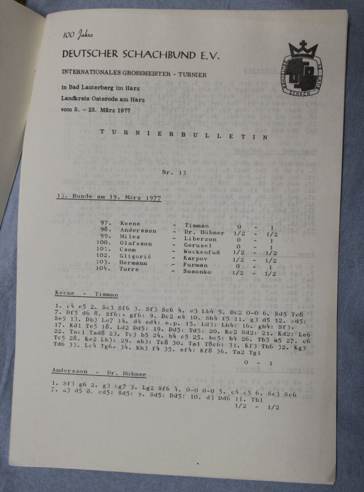 10656.13 Chess Bulletins Grossmeister Turnier, Harz, 1977 Deutscher Schachbund