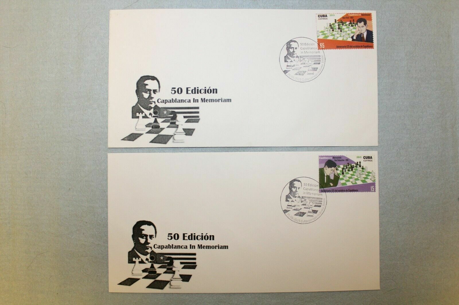 2 Chess Envelopes: 50 Edicion. Capablanca in Memoriam. Cuba 2015